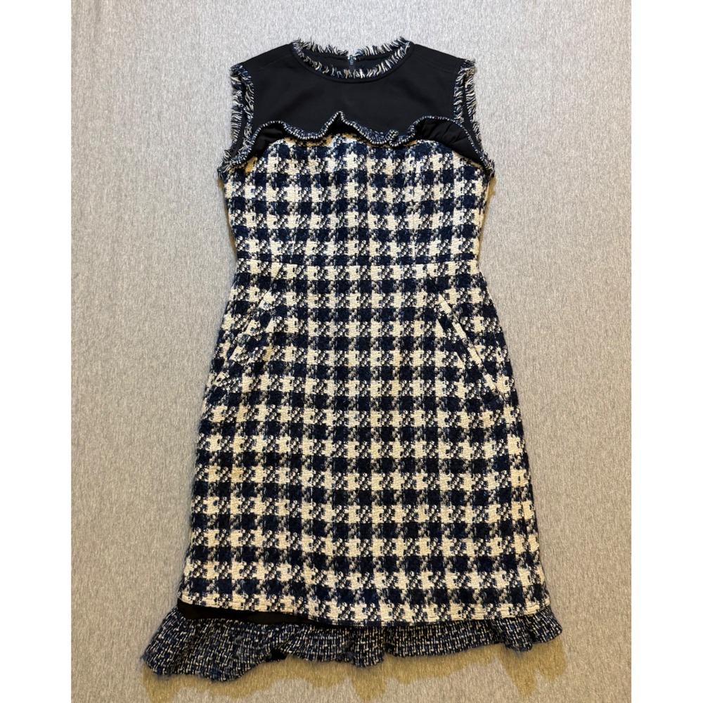 Tory Burch Navy Houndstooth Tweed Ruffle Hem Sleeveless Shift Dress Size 4